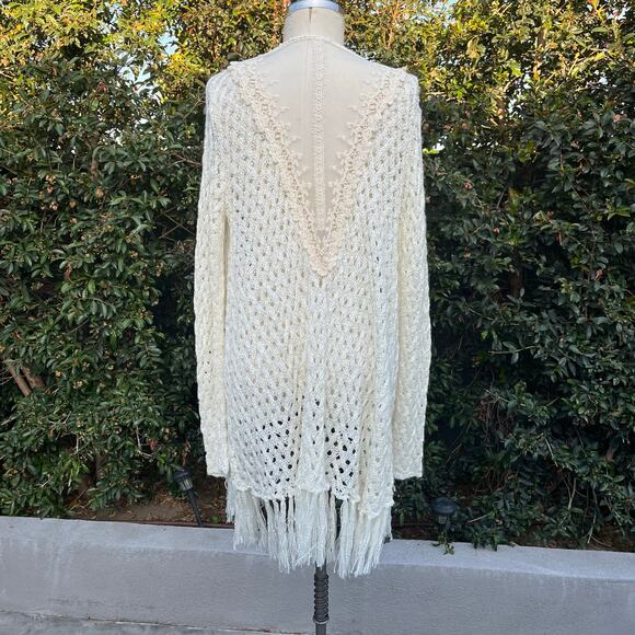Ivory Knit Crochet Mesh Fringe Cardigan - Picture 1 of 6
